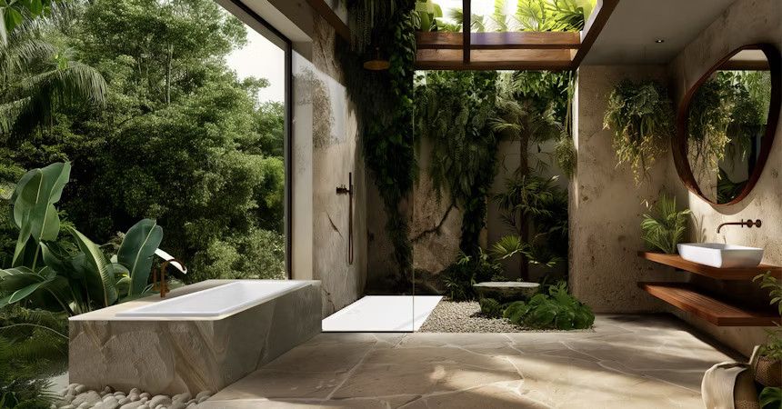 Ein Badezimmer mit vielen Pflanzen und Natursteinfliesen. Es sieht so aus, als würde es mitten in einem Wald stehen.